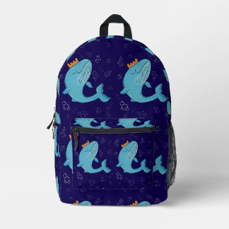 Königswal mit Krone | Whimsical Ocean Folk Art Bedruckter Rucksack