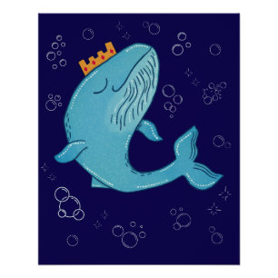 Königswal mit Krone   Whimsical Ocean Folk Art Poster