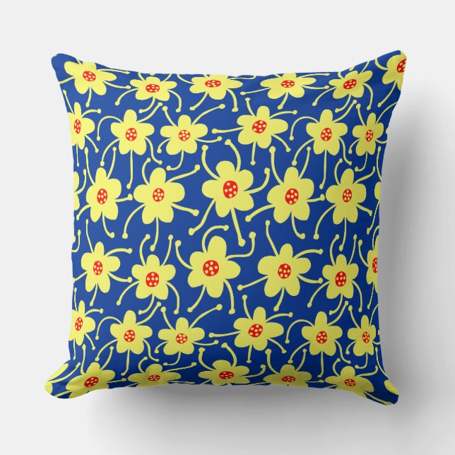Konkurrierende Blume - Gelb und Rot auf Navy Blue Kissen (Vorderseite)