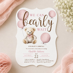 Können kaum warten Rosa Ballon Teddybär Baby-Party Einladung