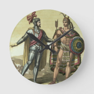 Konquistador mit einem Ureinwohner-Leiter (Farbe Runde Wanduhr