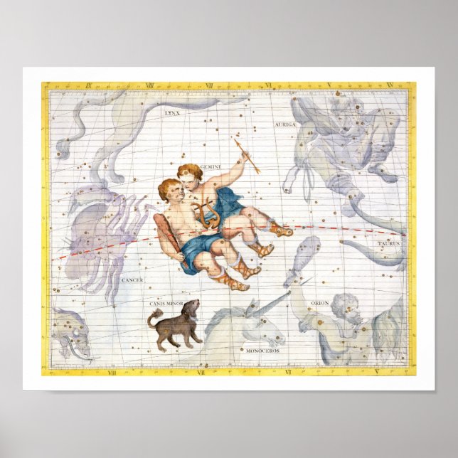 Konstellation von Gemini mit Canis Minor, Platte 1 Poster (Vorne)