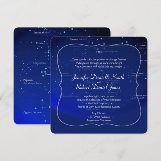 Konstellationen zur Blauen Hochzeit Einladung (Vorne/Hinten)