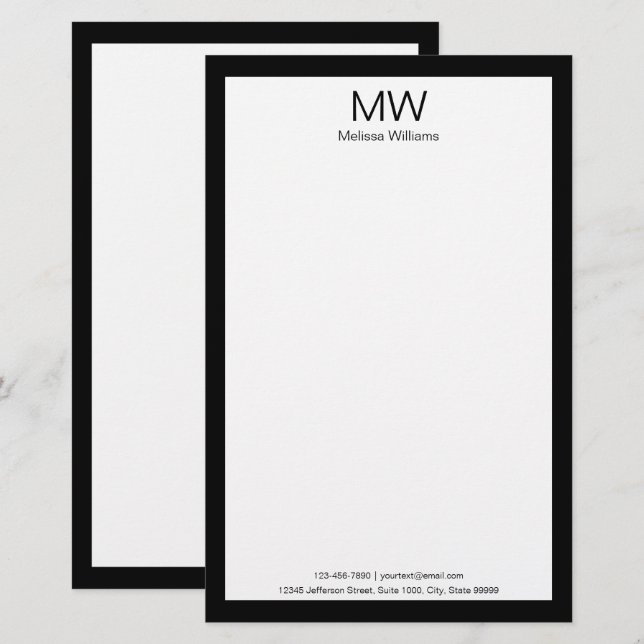 Kontaktinformationen zu Schwarz-weißen Monogrammen Briefpapier (Vorne/Hinten)