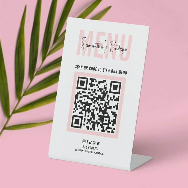 Kontaktlose QR Code Menü Rosa Modern Logo Sockelschild (Make elegant Menu pedestal signs for your business with this modern table top sign design)