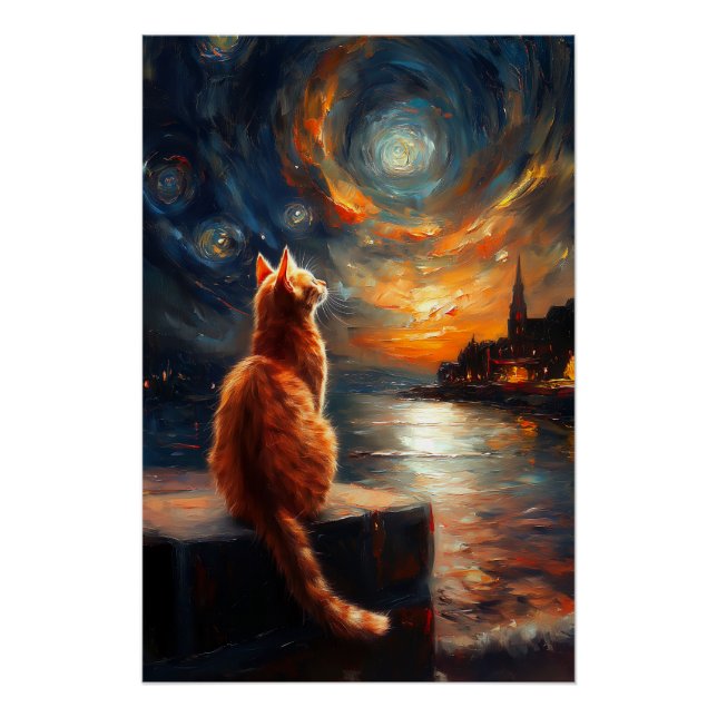 Kontemplative Ginger Cat | Starry Night Sky Poster (Vorderseite)