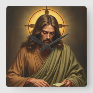 Kontemplativer Jesus mit einer Halo-Wall-Uhr Quadratische Wanduhr