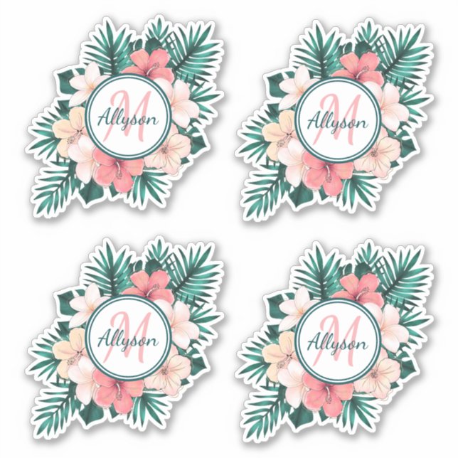 Kontur des tropischen Fern-Hibiskus-Monogramms Aufkleber (Vorderseite)
