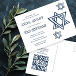 KONTUR LETTER STAR DAVID Custom QR BAR Mitzvah Postkarte<br><div class="desc">Perfekte Postkarte, um eine Bar oder Fledermausmitzvah anzukündigen! Handgefertigte Kunst für Sie mit dem Stern von david Design auf der Vorderseite und QR-Code auf der Rückseite! Vollständig anpassbar! Klicken Sie auf "Personalisieren" oben, um den Text zu bearbeiten. Klicken Sie auf "Bearbeiten mit dem Design-Tool", um die Schriftart, Farben und Platzierungen...</div>