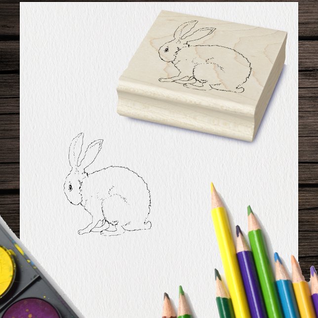 Kontur Zeichnend Sitzplatz Niedliches Kaninchen Gummistempel (Outline drawing of fuzzy sitting bunny rabbit on rubber craft stamp.)