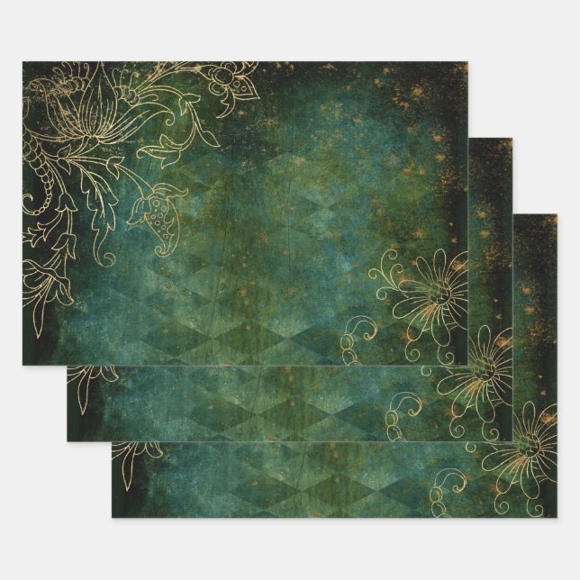 Konturen von Gold-Floral auf Green Geschenkpapier Set (Set)