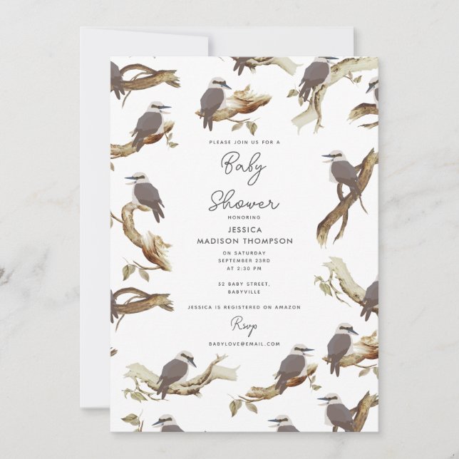 Kookaburra Australian Eucalyptus Baby Shower Einladung (Vorderseite)