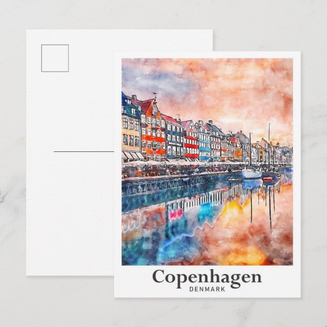 Kopenhagen Dänemark Aquarellzeichnung Hand zeichne Postkarte (Vorne/Hinten)