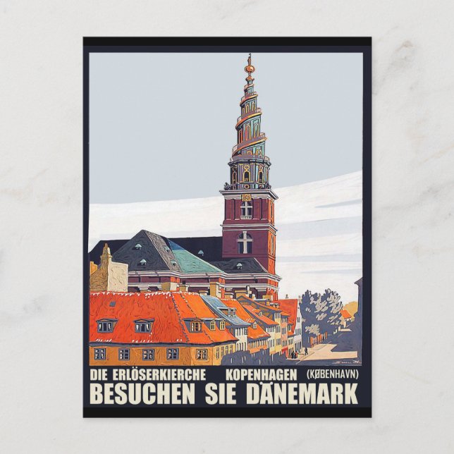Kopenhagen, Dänemark. Häuser in der Innenstadt und Postkarte (Vorderseite)