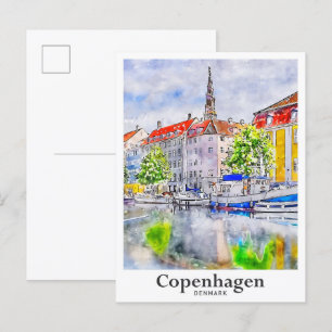 Kopenhagen Dänemark Reisen Wasserfarbenhandzeichnu Postkarte