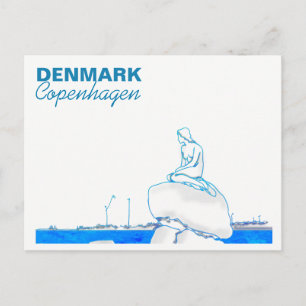 Kopenhagen Kleine Meerjungfrau Zeichnung Blau Postkarte