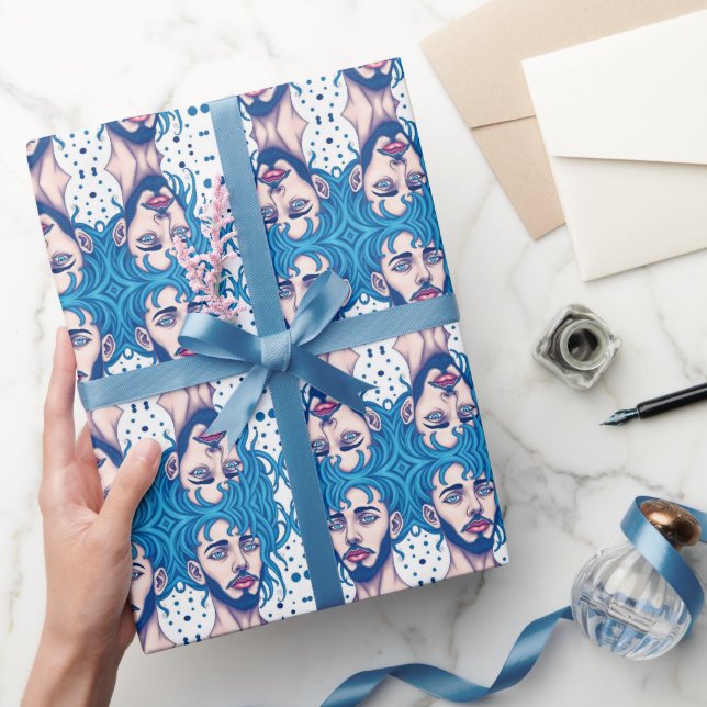 Kopf eines bärtigen blauen Außerirdischen mit Sci- Geschenkpapier (Schenken)