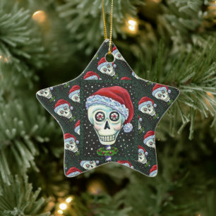 KOPF SANTA SKULL, CHRISTMAS SKELETON SPASS KERAMIK ORNAMENT