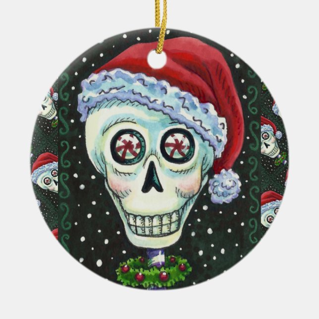 KOPF SANTA SKULL, CHRISTMAS SKELETON SPASS KERAMIK ORNAMENT (Vorne)
