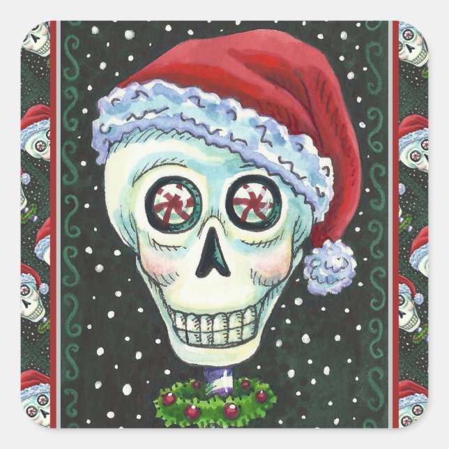KOPF SANTA SKULL, CHRISTMAS SKELETON SPASS QUADRATISCHER AUFKLEBER (Vorderseite)