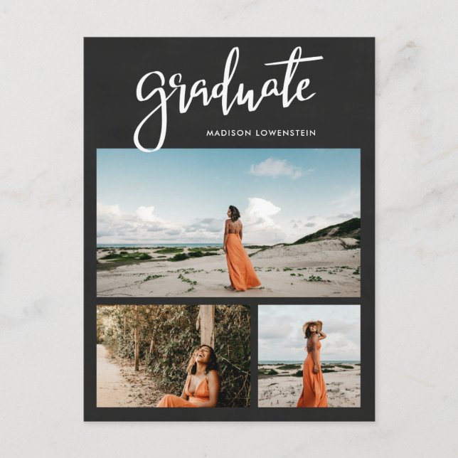Kopfbrett | Graduate Script Rustic Grad Foto Einladungspostkarte (Vorderseite)