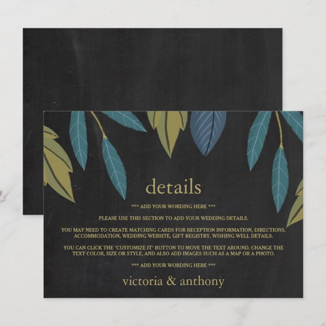 Kopfbrett-Leaf-Hochzeitsdetails Beilage Begleitkarte (Vorne/Hinten)