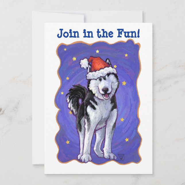 Köpfe und Schwänze Festive Husky Weihnachts-Party Einladung (Vorderseite)