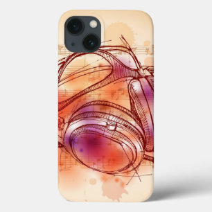 Kopfhörer auf einem Aquarellhintergrund u. iPhone 13 Hülle