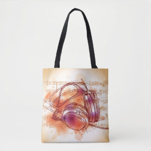Kopfhörer auf einem Aquarellhintergrund u. Tasche