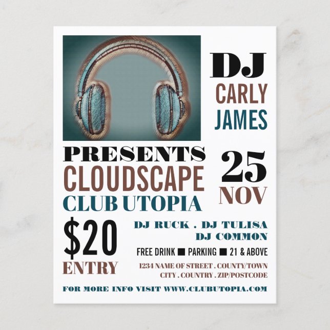Kopfhörer, DJ, Club Event Advertising Flyer (Vorne)