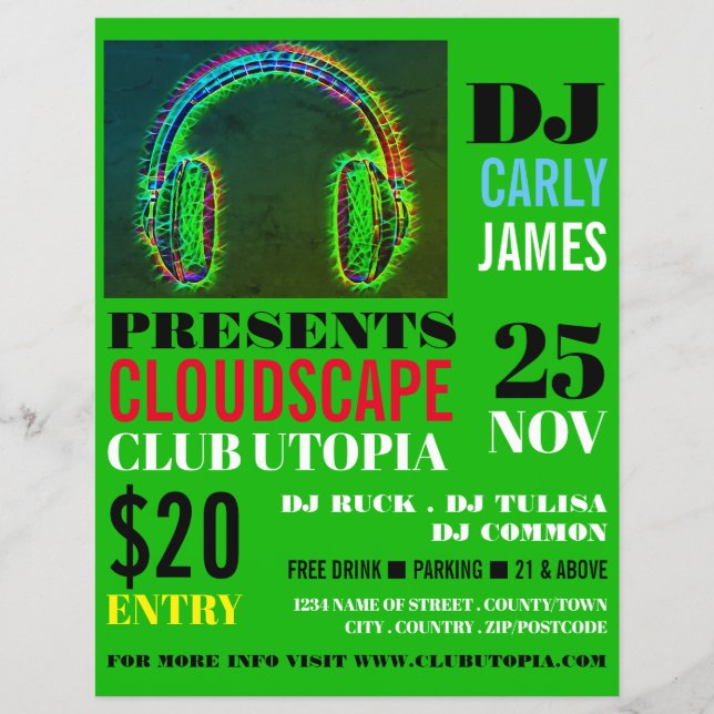 Kopfhörer, DJ, Club Event Advertising Flyer (Vorne)