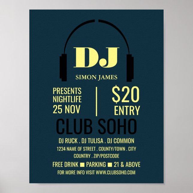 Kopfhörer-Logo, DJ, Club-Eventwerbung Poster (Vorne)