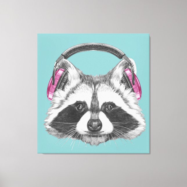 Kopfhörer-Raccoon Leinwanddruck (Vorderseite)