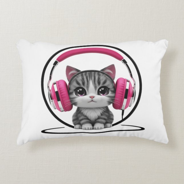 Kopfhörerkatze Dekokissen (Vorderseite)