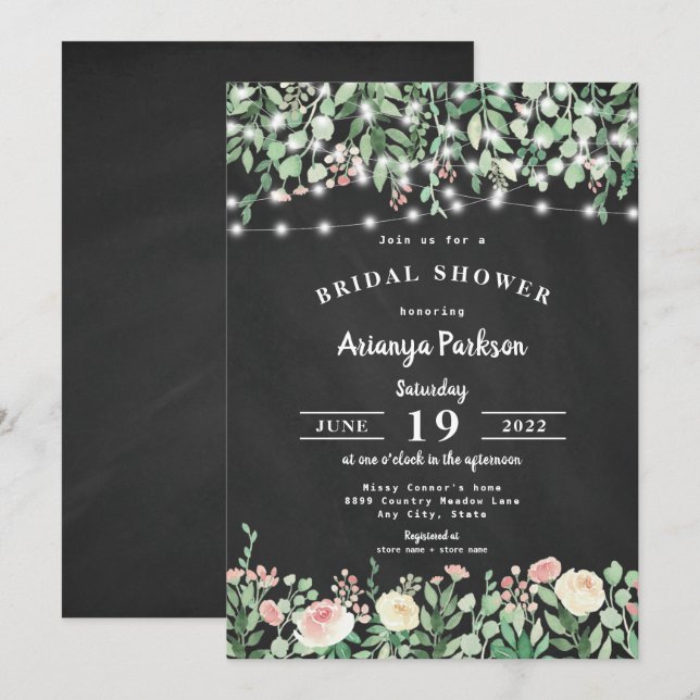 Kopfkarton Blush Floral Lights Brautparty Einladung (Vorne/Hinten)