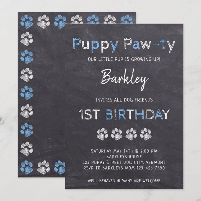 Kopfkarton Welpe Pawty Hund Geburtstag Einladung (Vorne/Hinten)