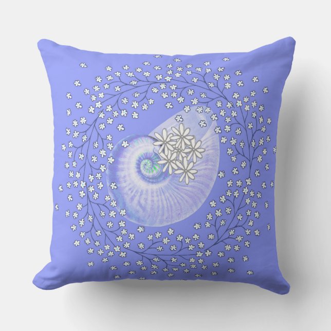 Kopfkissen in blauer Muschel und Daisy Design Kissen (Vorderseite)