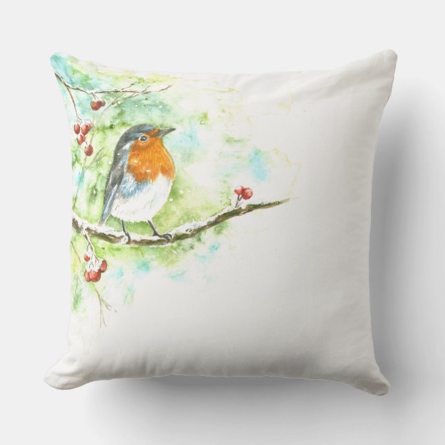 Kopfkissen mit Aquarell Robin Kissen (Vorderseite)