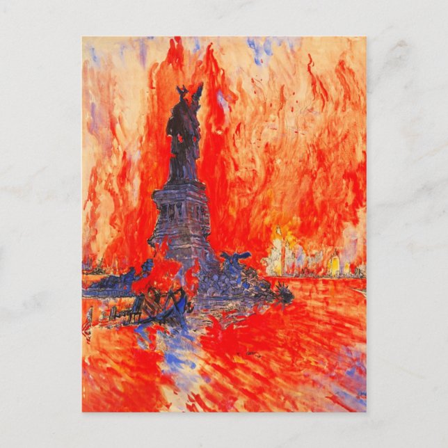Kopflose Freiheitsstatue mit NYC in Flammen Postkarte (Vorderseite)