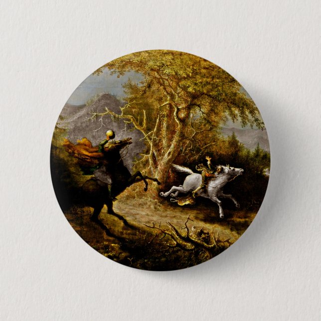 kopfloses Pferd, das Ichabod-Kranich verfolgt Button (Vorderseite)