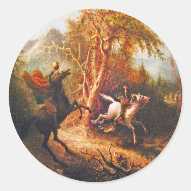 kopfloses Pferd, das Ichabod-Kranich verfolgt Runder Aufkleber (Vorderseite)
