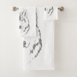 Kopfskizze von Funky Grey and White Wolf Badhandtuch Set