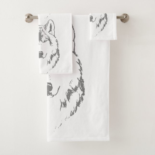 Kopfskizze von Funky Grey and White Wolf Badhandtuch Set (Insitu)
