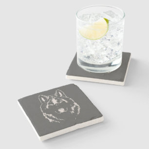 Kopfskizze von Funky Grey and White Wolf Steinuntersetzer