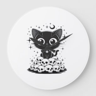 Kopie von Cat Skulls Creepy Cute Kitty Goth Black Große Wanduhr