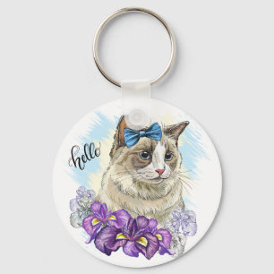Kopie von Handzeichnung lustige Süße Katze mit Blu Schlüsselanhänger