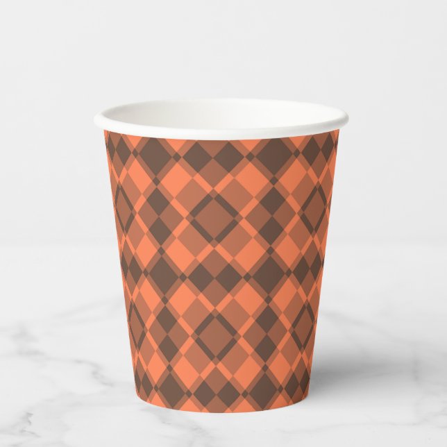 Koralle-Braun-Karo-Argyle-Muster Pappbecher (Vorderseite)