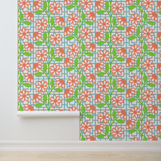 Koralle Lime & Aqua Floral auf Bambusspalier Tapete