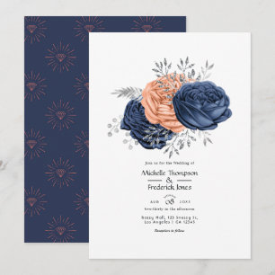 Koralle, Marineblau und Silber Blumen Hochzeit Einladung