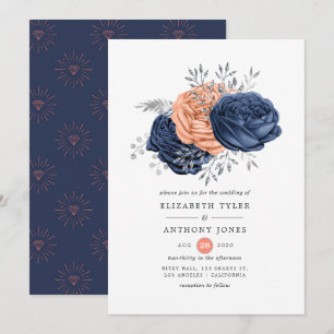 Koralle, Marineblau und Silber Hochzeit mit Blumen Einladung